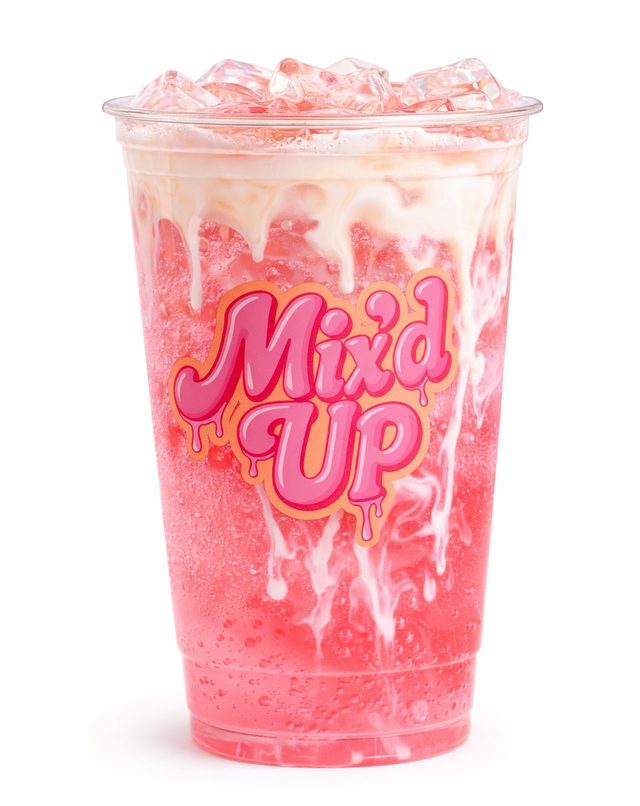 A pink Mix'd Up dirty soda with creamy swirls